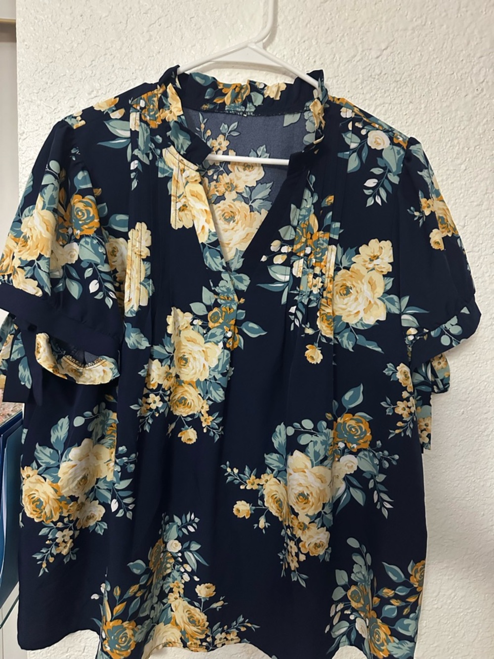 SHEIN Navy Blouse with Yellow Floral Print
